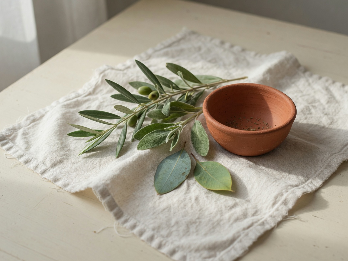 Olive and sage on linen beside a small clay bowl.